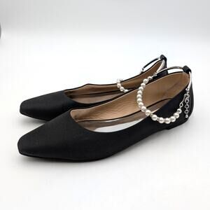 Badgley Mischka London Pearl Ankle Strap Flats Women's Black Size US7M EU37.5